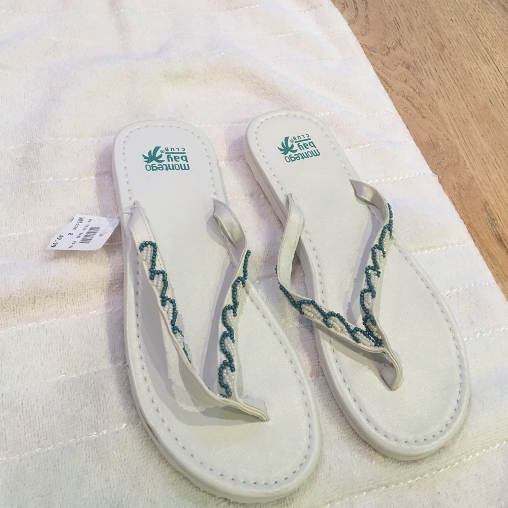 Montego Bay Club White and Teal Beaded Flip Flop Sandals